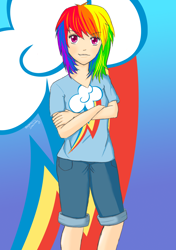 Size: 900x1280 | Tagged: safe, artist:nekoponn, rainbow dash, clothes, female, humanized, multicolored hair, solo