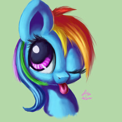 Size: 1500x1500 | Tagged: safe, artist:jiamian, derpibooru import, rainbow dash, pegasus, pony, :p, bust, cute, one eye closed, portrait, signature, simple background, smiling, solo, tongue out, wink