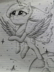 Size: 774x1032 | Tagged: safe, artist:ironbeastz, princess luna, alicorn, pony, earth, lined paper, monochrome, solo, traditional art