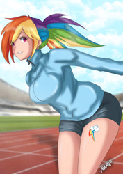 Size: 1024x1444 | Tagged: safe, artist:fenrox, derpibooru import, rainbow dash, human, alternative cutie mark placement, big breasts, breasts, clothes, cutie mark on human, female, humanized, rainboob dash, running track, shorts, solo, tracksuit