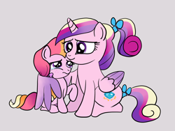 Size: 1024x768 | Tagged: safe, artist:kuromi, princess cadance, oc, oc:honeycrisp blossom, alicorn, earth pony, pony, bow, colored wings, duo, female, gradient wings, gray background, hair bow, hug, mare, mother and child, mother and daughter, parent and child, parent:big macintosh, parent:princess cadance, parents:cadmac, simple background, tail bow, teen princess cadance, winghug