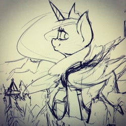 Size: 1080x1080 | Tagged: safe, artist:blvckmagic, princess luna, alicorn, pony, female, looking back, mare, monochrome, sketch, smiling, solo