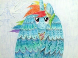 Size: 1024x768 | Tagged: safe, artist:gogreengirl-ggg, derpibooru import, rainbow dash, alicorn, pony, alicornified, element of loyalty, race swap, rainbowcorn, solo, traditional art, wings