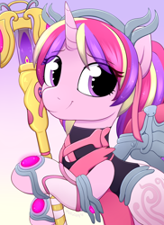 Size: 3000x4125 | Tagged: safe, artist:moozua, derpibooru exclusive, princess cadance, alicorn, pony, alternate hairstyle, blizzard entertainment, breast cancer awareness, crossover, gold weapon, mercy, overwatch, pigtails, pink mercy, ponytails, solo