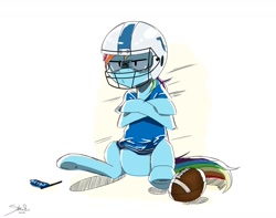 Size: 1280x1009 | Tagged: safe, artist:animestrife009, derpibooru import, rainbow dash, pegasus, pony, american football, ball, clothes, flag, football helmet, helmet, indianapolis colts, jersey, nfl, sitting, solo, waiting