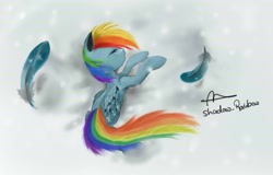 Size: 1811x1160 | Tagged: dead source, safe, artist:shadow-rainbow, rainbow dash, pegasus, pony, eyes closed, feather, snow, snowfall, solo