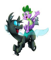 Size: 1406x1645 | Tagged: safe, artist:luximus17, spike, thorax, changeling, dragon, the times they are a changeling, dragons riding changelings, gay, happy, male, shipping, smiling, thoraxspike