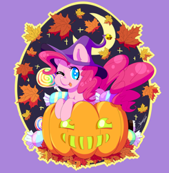 Size: 1280x1306 | Tagged: dead source, safe, artist:fatcakes, pinkie pie, earth pony, pony, candy, colored pupils, ear fluff, female, food, halloween, hat, heart eyes, holiday, jack-o-lantern, leaves, one eye closed, pumpkin, shirt design, solo, tongue out, wingding eyes, wink, witch hat