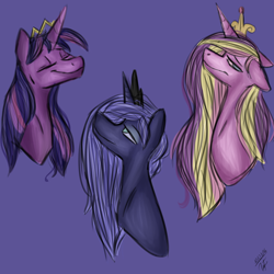 Size: 1024x1024 | Tagged: safe, artist:albinnada, princess cadance, princess luna, twilight sparkle, twilight sparkle (alicorn), alicorn, pony, bust, eyes closed, female, jewelry, looking at you, looking up, mare, s1 luna, simple background, smiling, tiara, trio