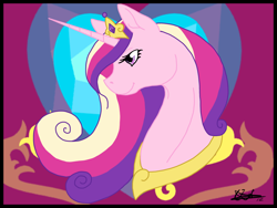 Size: 1280x960 | Tagged: safe, artist:the-coffee-cobra, princess cadance, alicorn, pony, bust, cutie mark background, female, jewelry, looking down, mare, regalia, smiling, solo