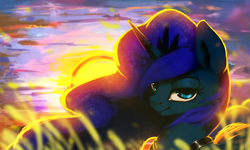 Size: 2852x1711 | Tagged: safe, artist:moondreamer16, princess luna, alicorn, pony, female, looking at you, mare, smiling, solo, sunset