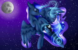 Size: 1024x654 | Tagged: safe, artist:blocksy-art, princess luna, alicorn, pony, magic, moon, night, solo