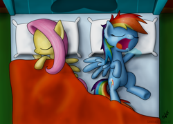 Size: 3200x2300 | Tagged: safe, artist:shinodage, fluttershy, rainbow dash, pegasus, pony, bed, drool, sleeping