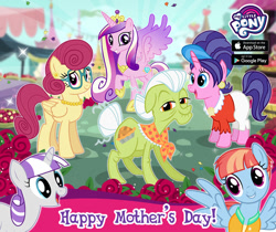 Size: 940x788 | Tagged: safe, artist:supra80, edit, cookie crumbles, granny smith, posey shy, princess cadance, twilight velvet, windy whistles, alicorn, pony, advertisement, gameloft, mother's day, my little pony logo, official