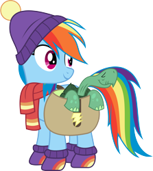 Size: 8024x9000 | Tagged: safe, artist:anonimowybrony, derpibooru import, rainbow dash, tank, pegasus, pony, tanks for the memories, .svg available, absurd resolution, bag, beanie, clothes, duo, eyes closed, hat, looking back, offscreen character, scarf, simple background, transparent background, vector, winter outfit