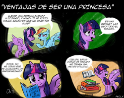 Size: 2546x2027 | Tagged: safe, artist:obsequiosity, rainbow dash, twilight sparkle, twilight sparkle (alicorn), alicorn, pegasus, pony, book, comic, female, mare, spanish, translation