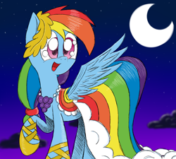 Size: 2000x1800 | Tagged: safe, artist:yourfavoritelove, derpibooru import, rainbow dash, pegasus, pony, the best night ever, clothes, cloud, dress, gala dress, moon, raised hoof, smiling, solo