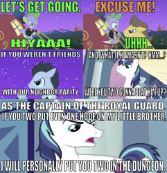 Size: 750x779 | Tagged: safe, edit, edited screencap, editor:undeadponysoldier, screencap, caramel, shining armor, spike, dragon, pony, unicorn, a canterlot wedding, the best night ever, angry, brothers, captain of royal guards, male, protecting, siblings, spikelove, stallion, threatening, wagon, whip