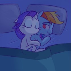 Size: 763x756 | Tagged: safe, artist:raridashdoodles, rainbow dash, rarity, pegasus, pony, unicorn, bed, cuddling, eyes closed, female, lesbian, raridash, shipping, sleeping, smiling, snuggling, spooning