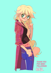 Size: 586x827 | Tagged: safe, artist:dusty-munji, applejack, equestria girls, glasses, milestone, smiling