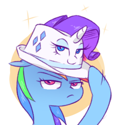 Size: 405x415 | Tagged: safe, artist:raridashdoodles, rainbow dash, rarity, object pony, original species, pegasus, pony, unicorn, bedroom eyes, fedorarity, female, floppy ears, frown, glare, hat, hat pony, inanimate tf, lesbian, looking at you, m'lady, ponified, rainbow dash always dresses in style, raridash, rarihat, shipping, smiling, smug, sparkles, transformation, trilby, unamused, wat