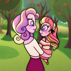Size: 900x900 | Tagged: safe, artist:carouselunique, dean cadance, princess cadance, oc, oc:honeycrisp blossom, equestria girls, apple tree, female, honeycrisp tales, mother and child, mother and daughter, offspring, parent and child, parent:big macintosh, parent:dean cadance, parent:princess cadance, parents:cadmac, sweet apple acres, tree