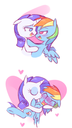 Size: 792x1415 | Tagged: safe, artist:raridashdoodles, rainbow dash, rarity, pegasus, pony, unicorn, blushing, eyes closed, female, heart, hug, kissing, lesbian, looking at each other, mare, open mouth, raridash, shipping