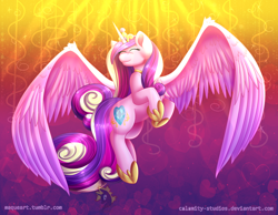 Size: 1350x1050 | Tagged: safe, artist:calamity-studios, princess cadance, alicorn, pony, commission, eyes closed, female, large wings, mare, smiling, solo, spread wings, wings