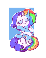 Size: 689x864 | Tagged: safe, artist:raridashdoodles, rainbow dash, rarity, pegasus, pony, unicorn, blushing, eyes closed, female, hug, lesbian, raridash, shipping, smiling