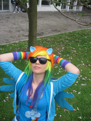 Size: 1024x1365 | Tagged: safe, artist:miraclevivi, rainbow dash, human, cosplay, glasses, irl, irl human, photo, solo