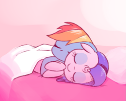 Size: 861x692 | Tagged: safe, artist:raridashdoodles, rainbow dash, rarity, pegasus, pony, unicorn, bed, cuddling, eyes closed, female, hug, lesbian, raridash, shipping, smiling, snuggling