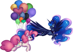 Size: 1024x731 | Tagged: safe, artist:redpandiey, pinkie pie, princess luna, alicorn, pony, balloon, floating, simple background, then watch her balloons lift her up to the sky, transparent background