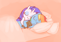 Size: 812x573 | Tagged: safe, artist:raridashdoodles, rainbow dash, rarity, pegasus, pony, unicorn, eyes closed, female, lesbian, pillow, raridash, shipping, sleeping, snuggling, teddy bear