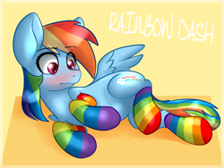 Size: 1600x1200 | Tagged: safe, artist:annakitsun3, derpibooru import, rainbow dash, pegasus, pony, backwards cutie mark, blushing, clothes, rainbow socks, redraw, socks, solo, striped socks