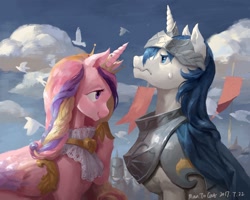 Size: 1920x1539 | Tagged: safe, artist:noraz, princess cadance, shining armor, alicorn, bird, pony, unicorn, armor, banner, cloud, crown, cute, female, helmet, jewelry, male, mare, pixiv, profile, regalia, royal guard armor, shiningcadance, shipping, sky, stallion, straight, sweat, sweatdrop