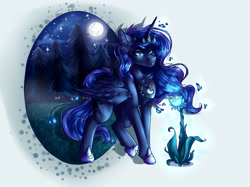 Size: 1024x764 | Tagged: safe, artist:jylaritaowo, princess luna, alicorn, pony, female, flower, full moon, grass field, mare, moon, night, solo, stars, tree