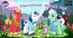 Size: 1200x630 | Tagged: safe, big macintosh, gentle breeze, shining armor, spike, dragon, earth pony, pegasus, pony, unicorn, advertisement, bouquet, clothes, facebook, flower, gameloft, international women's day, irony, male, official, suit, winged spike, wings