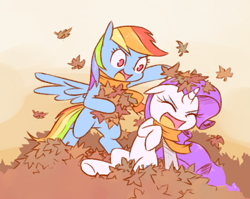 Size: 865x689 | Tagged: safe, artist:raridashdoodles, rainbow dash, rarity, pegasus, pony, unicorn, autumn, bipedal, clothes, cute, dashabetes, eyes closed, female, floppy ears, hoof hold, leaves, lesbian, mare, open mouth, raribetes, raridash, scarf, shipping, smiling, spread wings, wide eyes