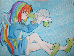 Size: 4608x3456 | Tagged: safe, artist:nozomifujimiya, derpibooru import, rainbow dash, tank, human, tanks for the memories, bathrobe, clothes, humanized, slippers, tank slippers, traditional art, winged humanization