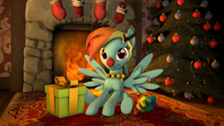 Size: 2560x1440 | Tagged: safe, artist:zigidi94, derpibooru import, rainbow dash, pegasus, pony, 3d, antlers, christmas, christmas lights, christmas ornament, christmas stocking, christmas tree, fire, fireplace, necklace, present, red nose, reindeer dash, rudolph, rudolph dash, rug, sitting, solo, source filmmaker, tree
