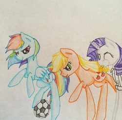 Size: 640x632 | Tagged: safe, artist:rainbowrules, derpibooru import, applejack, rainbow dash, rarity, earth pony, pegasus, pony, unicorn, blowing, blowing whistle, football, puffy cheeks, referee, referee rarity, sports, traditional art, whistle, whistle necklace
