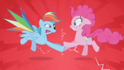 Size: 1280x720 | Tagged: safe, derpibooru import, screencap, pinkie pie, rainbow dash, earth pony, pegasus, pony, griffon the brush off, joy buzzer, prank, shock