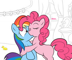 Size: 1387x1157 | Tagged: safe, artist:kloudmutt, derpibooru import, pinkie pie, rainbow dash, earth pony, pegasus, pony, female, kissing, lesbian, pinkiedash, shipping, surprise kiss, surprised