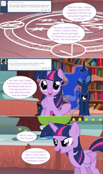 Size: 1280x2168 | Tagged: safe, artist:hakunohamikage, princess luna, twilight sparkle, twilight sparkle (alicorn), alicorn, pony, ask, ask-princesssparkle, magic, magic circle, runes, tumblr