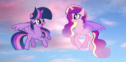 Size: 2568x1272 | Tagged: safe, artist:thesmall-artist, princess cadance, twilight sparkle, twilight sparkle (alicorn), alicorn, pony, base used, cloud, flying