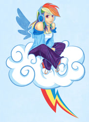 Size: 600x826 | Tagged: safe, artist:luda, rainbow dash, cloud, converse, headphones, humanized, pixiv, shoes, winged humanization