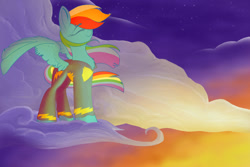 Size: 900x600 | Tagged: safe, artist:banoodle, derpibooru import, rainbow dash, pegasus, pony, chest fluff, cloud, cloudy, eyes closed, night, proud, smiling, solo, wonderbolts uniform