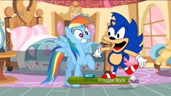 Size: 1024x577 | Tagged: safe, edit, edited screencap, screencap, rainbow dash, pegasus, pony, party of one, crossover, fraggle rock, hub logo, hubble, sonic the hedgehog, sonic the hedgehog (series), the hub, the simpsons