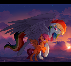 Size: 2067x1919 | Tagged: safe, artist:loukaina, derpibooru import, rainbow dash, scootaloo, pegasus, pony, cloud, cloudy, crepuscular rays, rearing, scootalove, smiling, spread wings, sunset, twilight (astronomy)