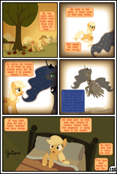 Size: 3254x4837 | Tagged: safe, artist:gutovi, applejack, princess luna, alicorn, earth pony, pony, comic:why me!?, apple, apple tree, bed, bucket, comic, dream, flashback, food, sunset, sweet apple acres, tree